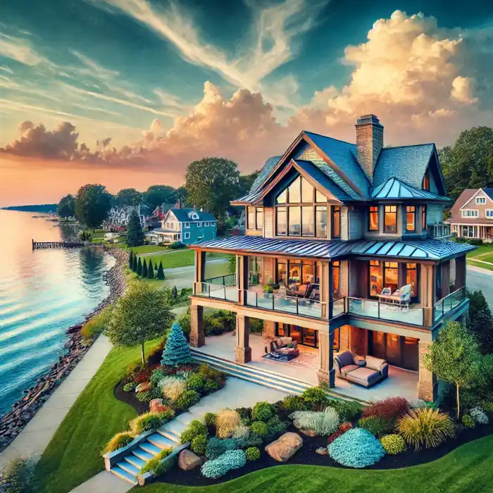 Waterfront home in Avon Lake, Ohio, with a modern design and a view of Lake Erie.