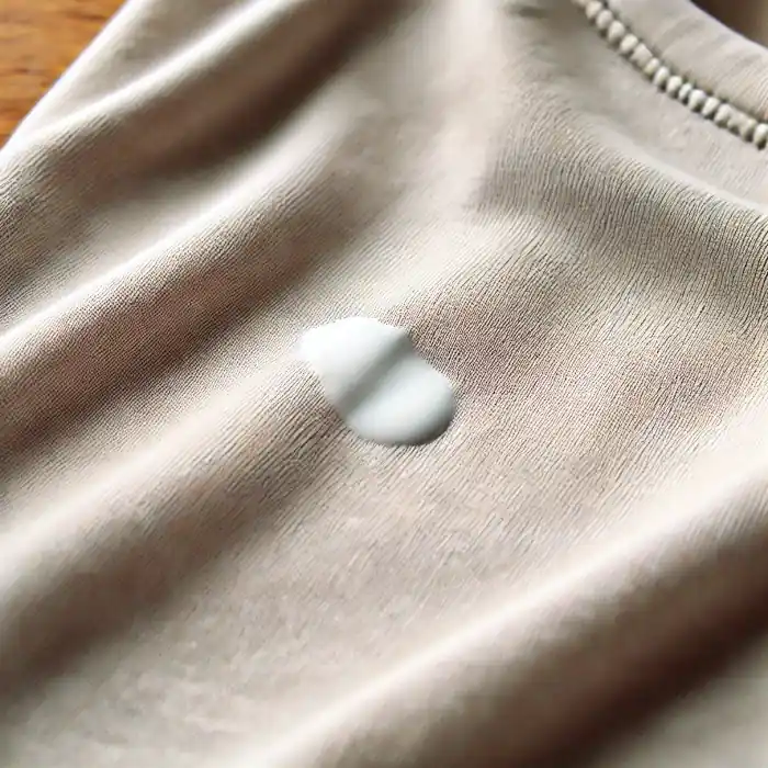 A wet white paint stain on a beige fabric shirt.