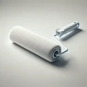 A white paint roller featuring a clean sleeve on a neutral background