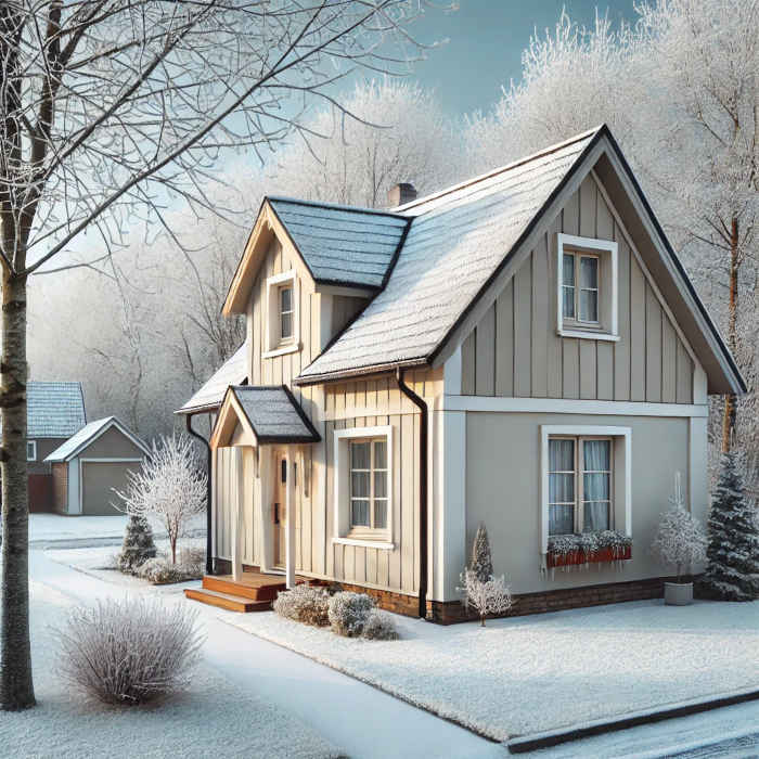 House exterior being painted in winter with snow on the ground