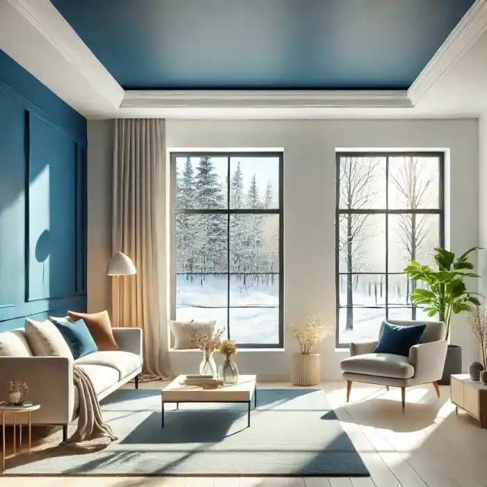 Living room with bold blue feature wall and soft neutral furniture