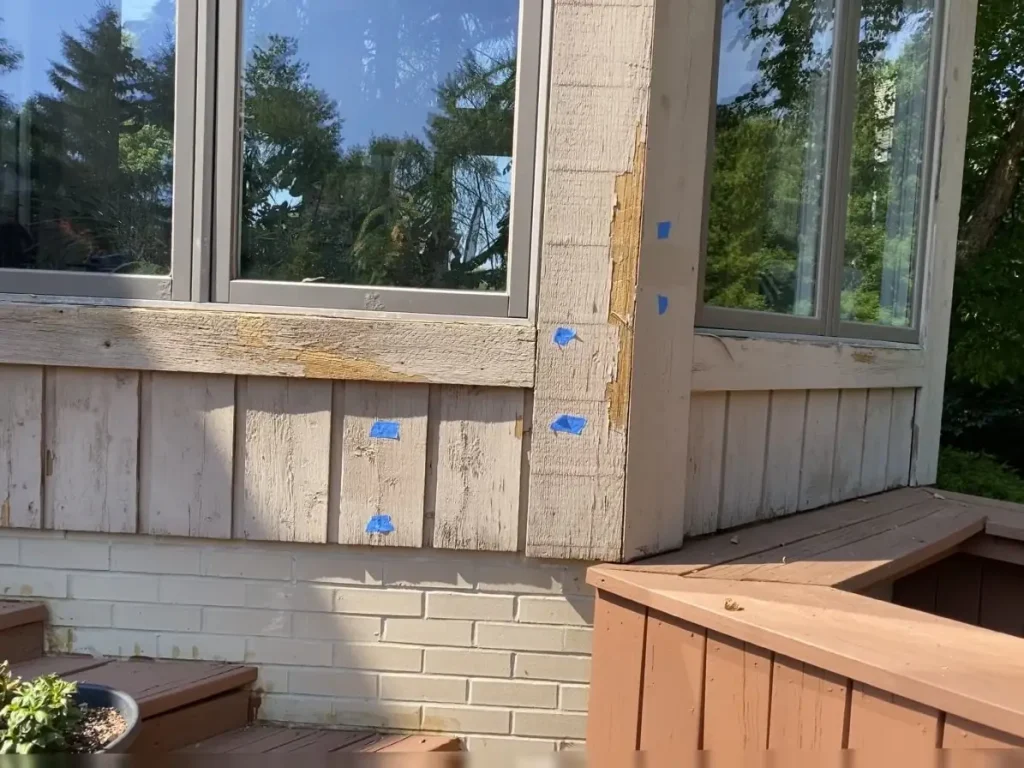 Wood deterioration and soft spots on exterior trim - critical sign professional exterior painting is required