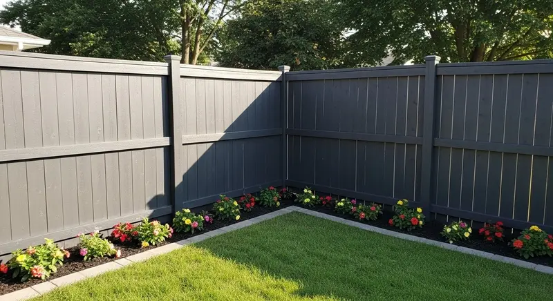 Gray painted wood privacy fence corner in Northeast Ohio yard